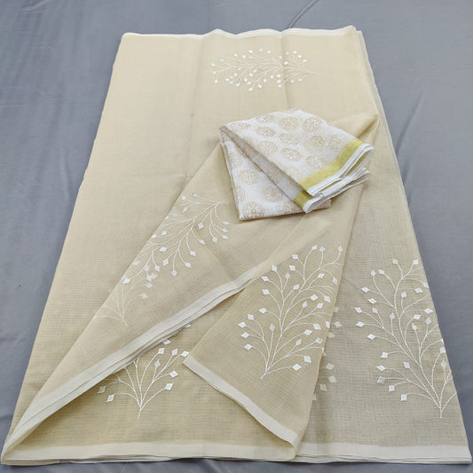Kota Doria Mix Cotton Saree with Hand Machine Embroidery