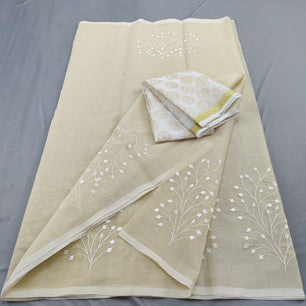 Kota Doria Mix Cotton Saree with Hand Machine Embroidery