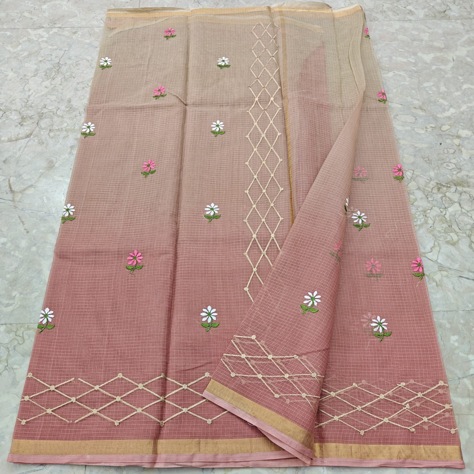Kota Doria Pure Cotton Saree with Hand Machine Embroidery