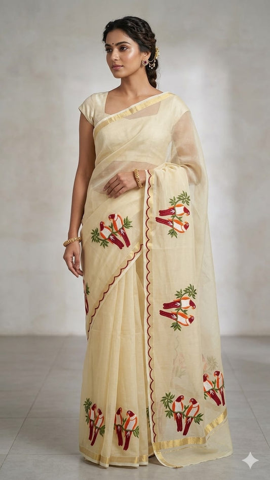 Pure Kota Doria Cotton Embroidery Saree