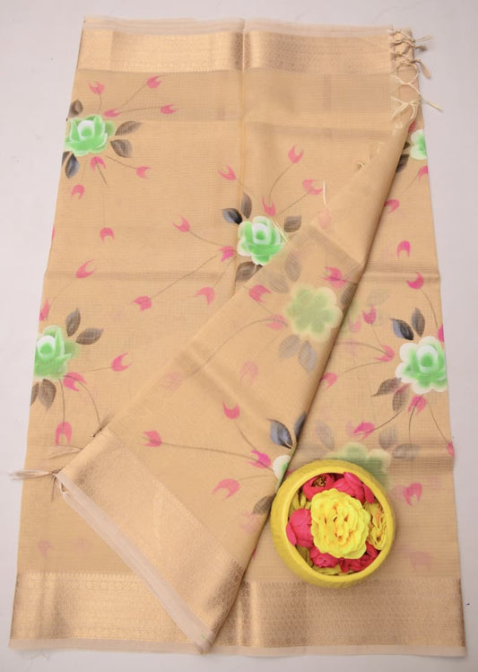 Kota Doria Semi Silk Hand Painted Saree
