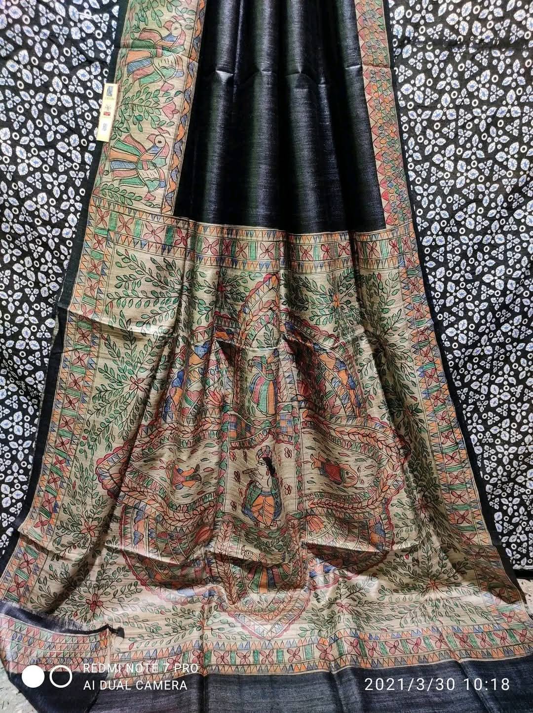 Handloom Tussar Ghicha Silk Saree with Hand-Painted Madhubani