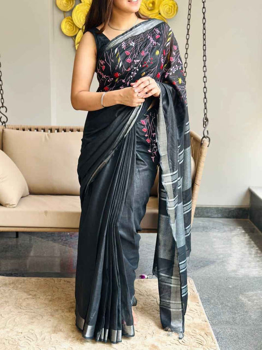Linen Saree with Embroidery Work