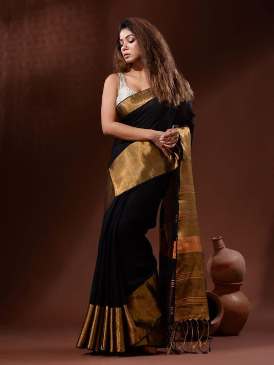 Linen Saree with Copper Zari Border
