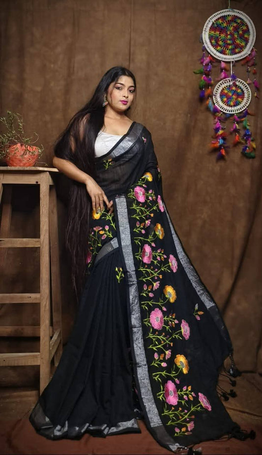 Linen by Linen Saree with Embroidery