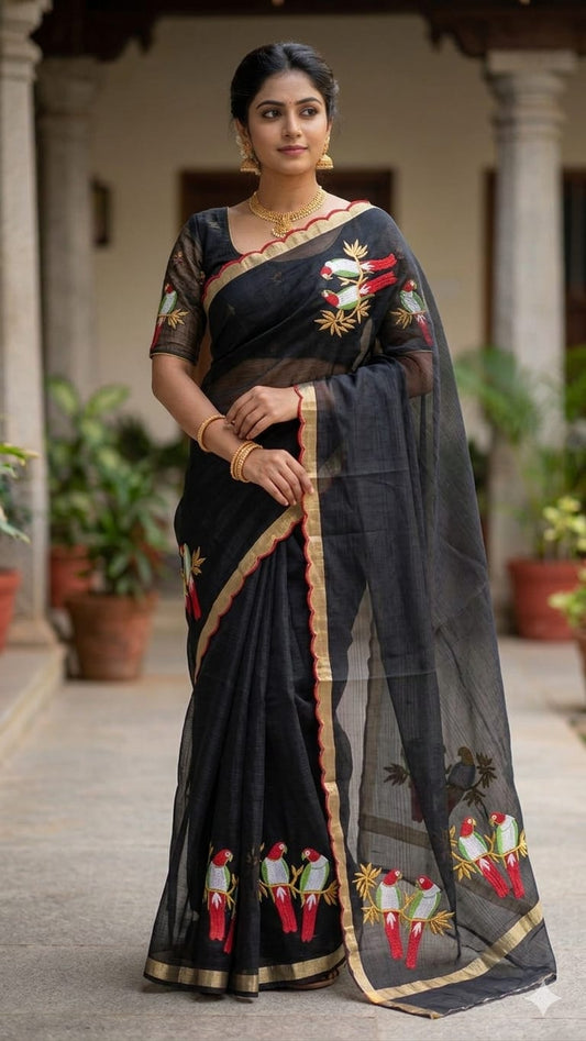 Pure Kota Doria Cotton Embroidery Saree
