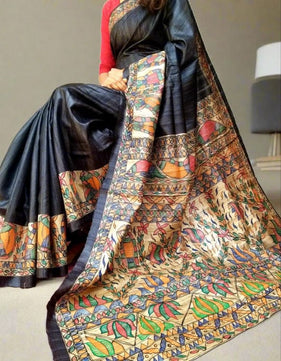 Tussar Ghicha Silk Saree with Hand-Painted Madhubani