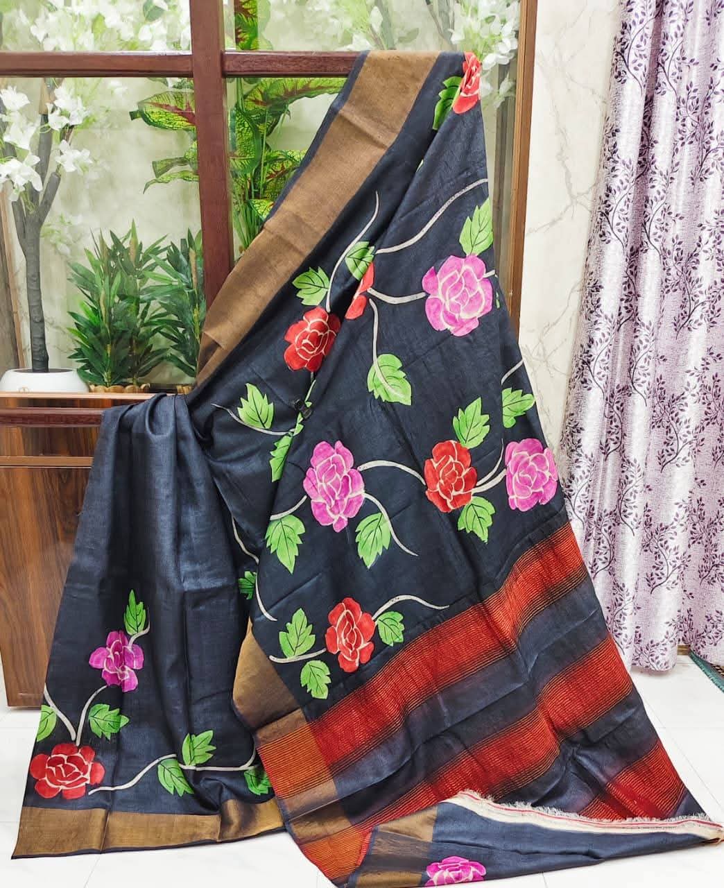 Hand Painted Pure Tussar Silk Saree