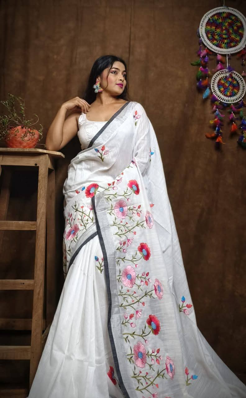 Linen by Linen Saree with Embroidery