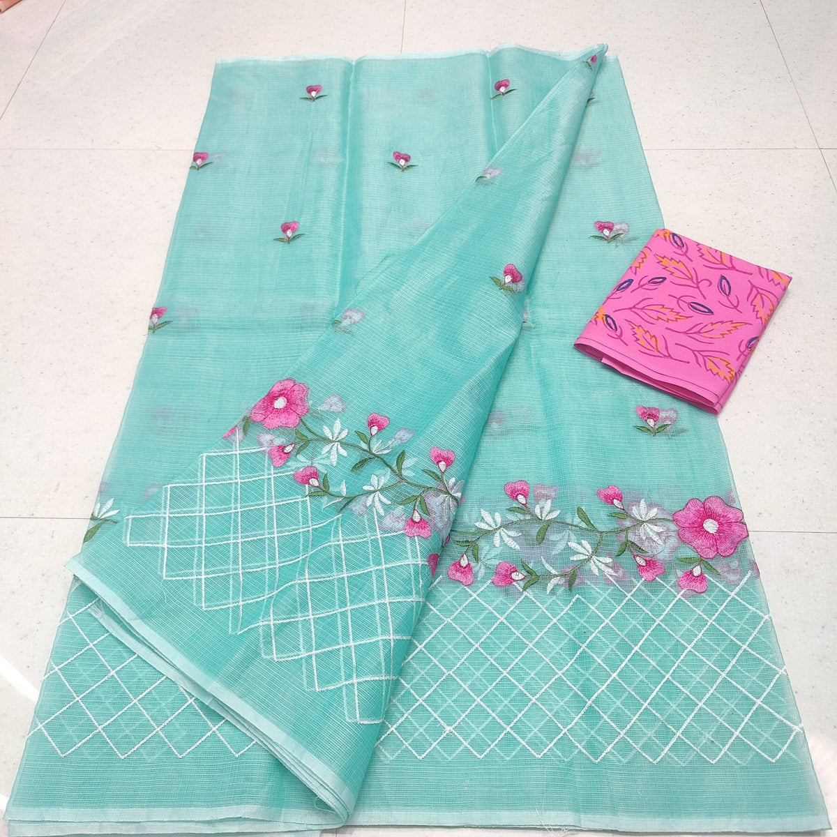 Kota Doria Mix Cotton Saree with Embroidery