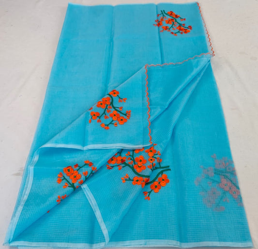 Kota Doria Saree with Hand Machine Embroidery Work