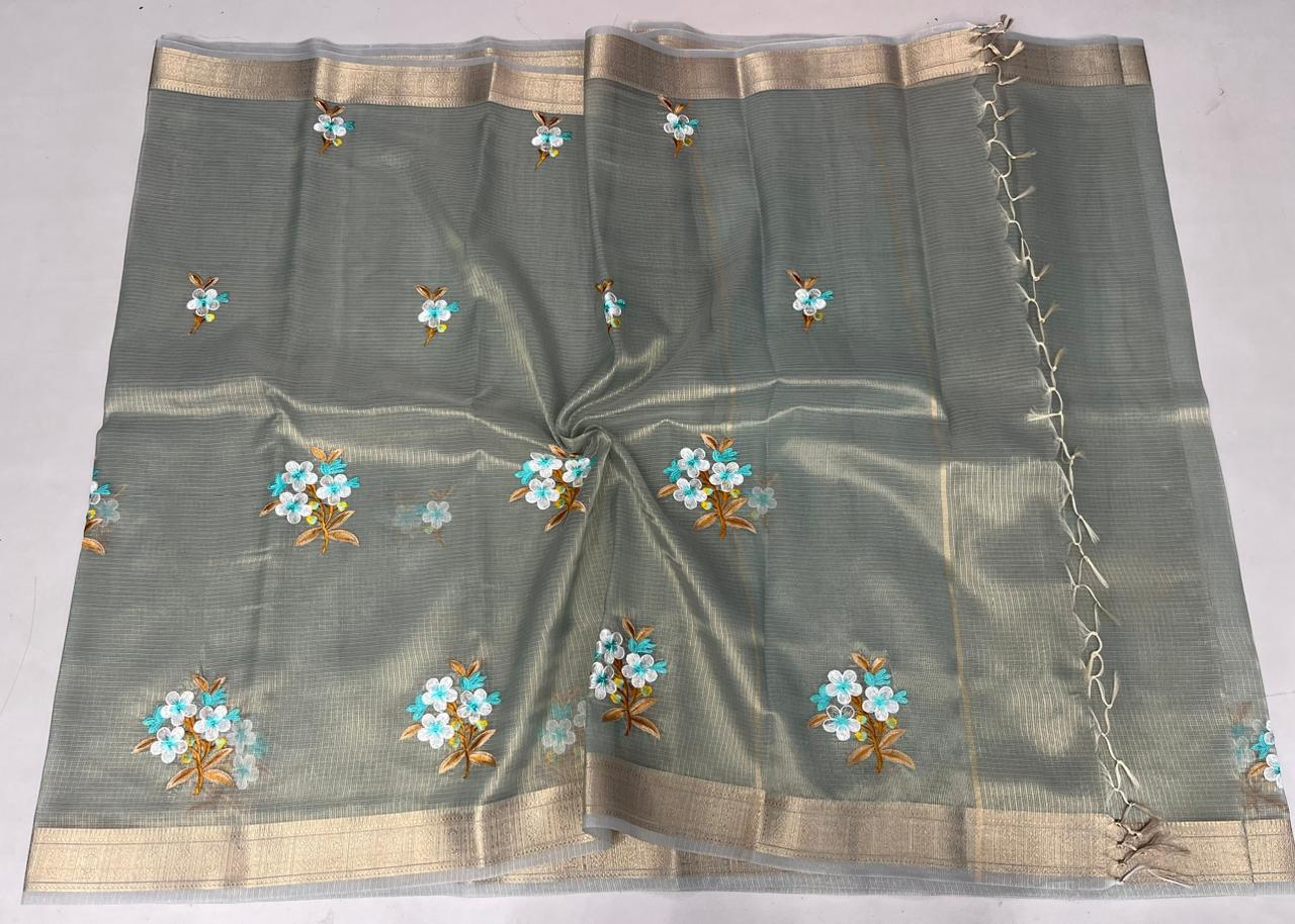 Kota Doria Semi Silk Embroidery Work Saree