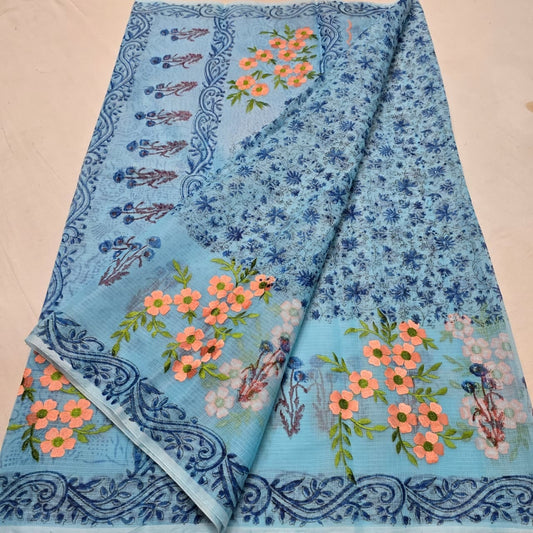 Kota Doria Embroidery Saree with Hand Block Print