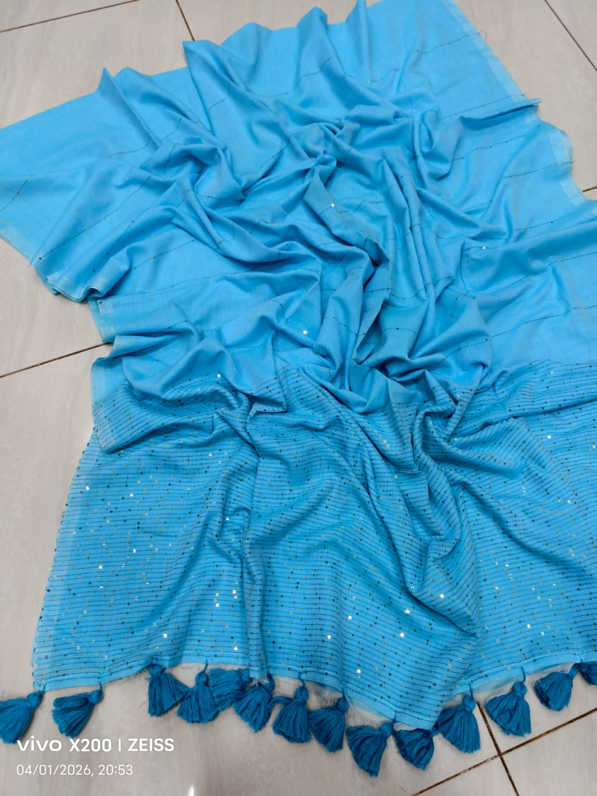 Handloom Sequins Cotton Saree with Zari Border