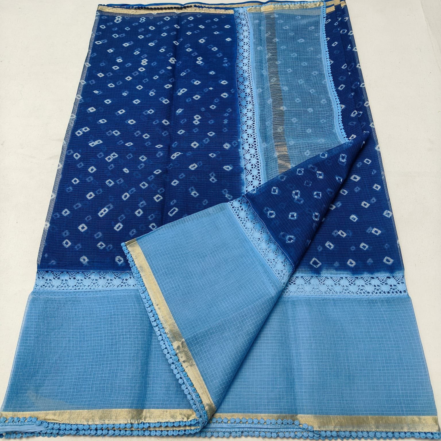 Kota Doria Bandhej Saree with Croatia Lace