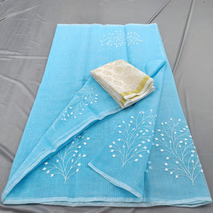 Kota Doria Mix Cotton Saree with Hand Machine Embroidery