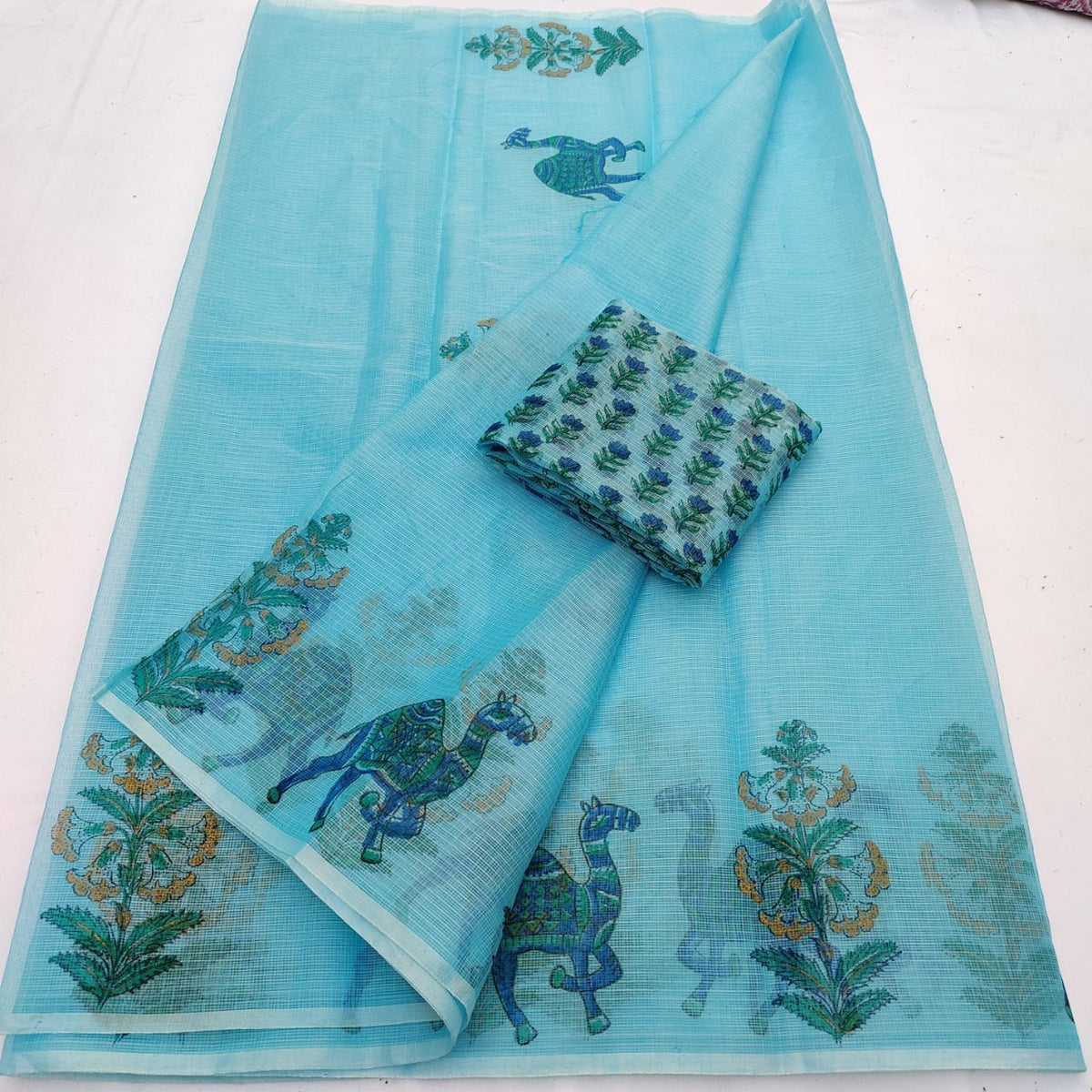 Kota Doria Mix Cotton Hand Block Printed Saree