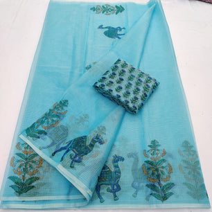 Kota Doria Mix Cotton Hand Block Printed Saree