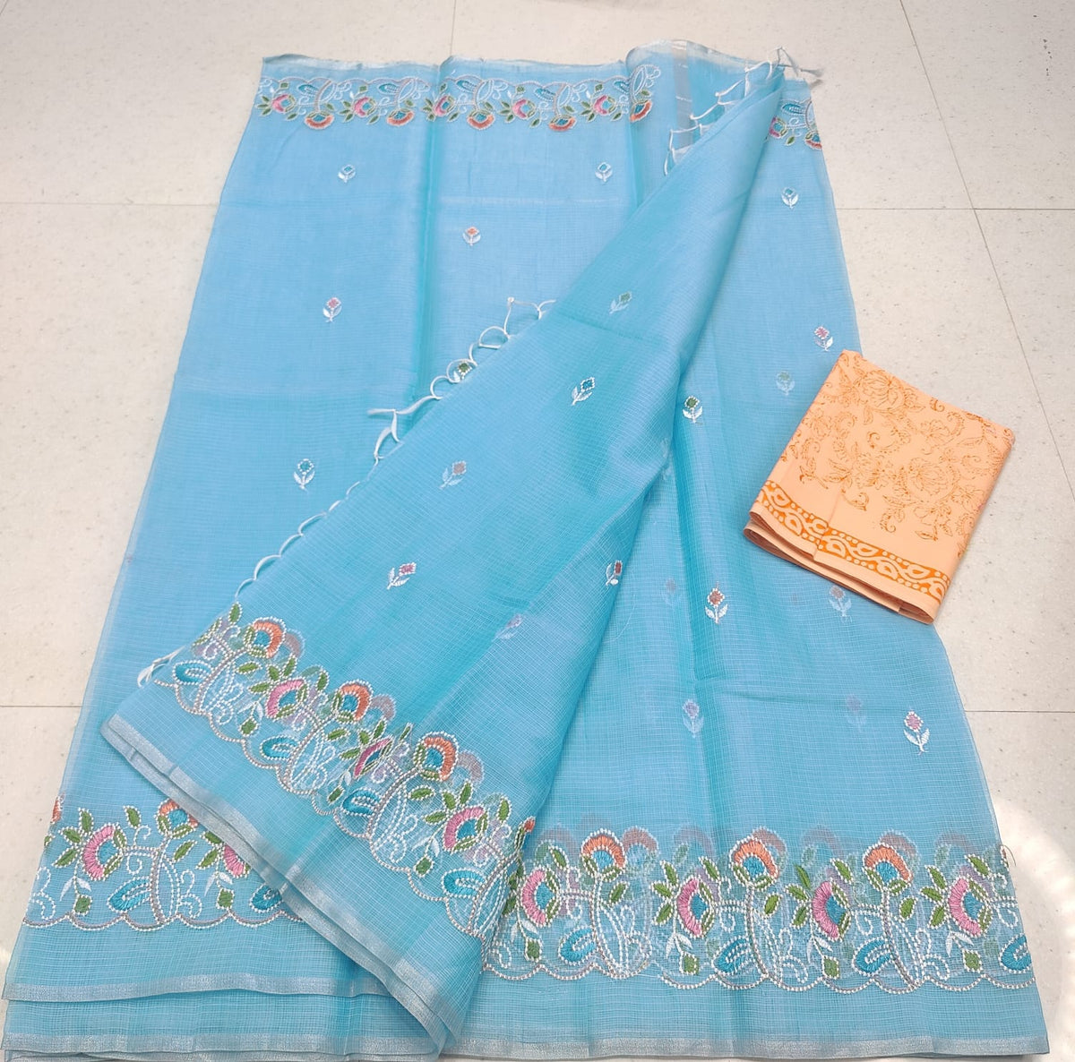Kota Doria Mix Cotton Saree with Computerized Embroidery