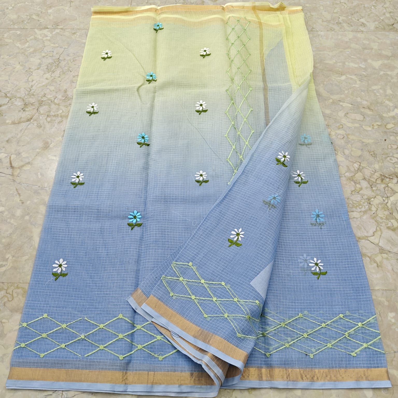 Kota Doria Pure Cotton Saree with Hand Machine Embroidery