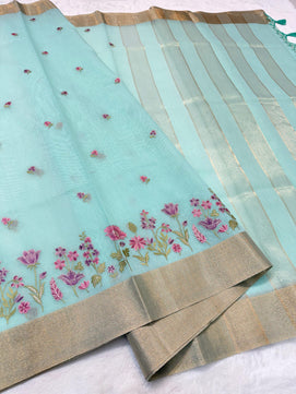 Linen Embroidery Work Saree