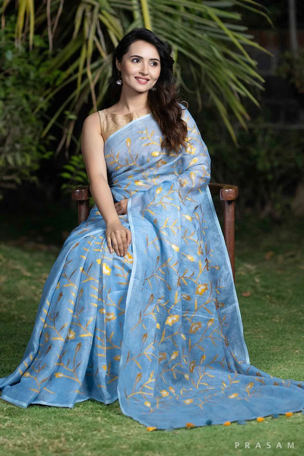 Linen Saree with Embroidery Work