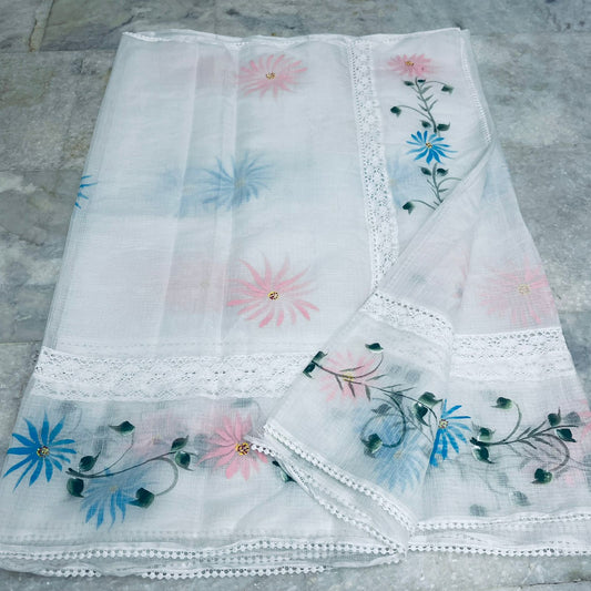 Kota Doria Crochet Lace Saree with Hand Painting