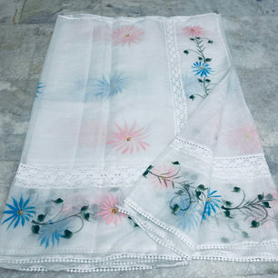 Kota Doria Crochet Lace Saree with Hand Painting