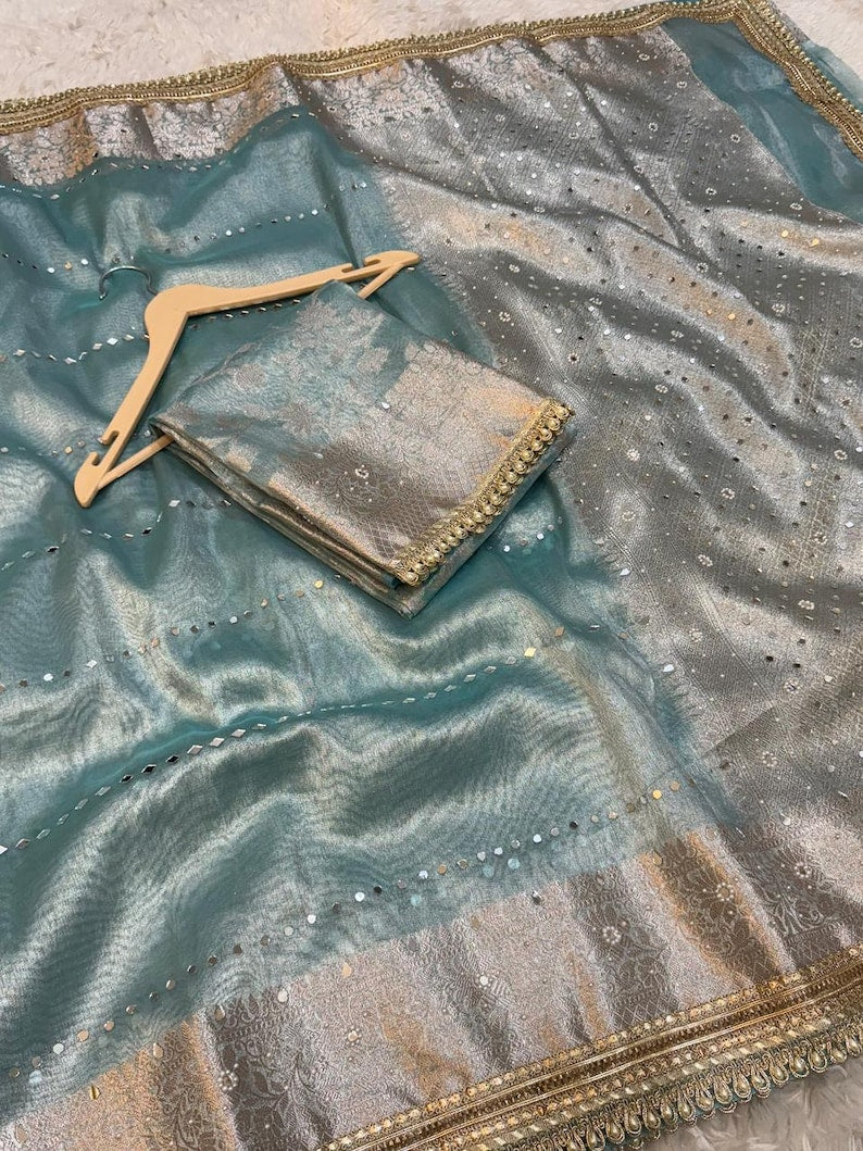 Bridal Tissue Saree with Lace & Stone Work