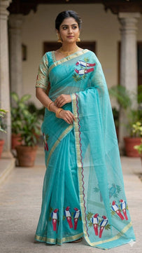 Pure Kota Doria Cotton Embroidery Saree