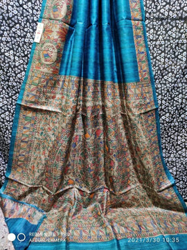 Handloom Tussar Ghicha Silk Saree with Hand-Painted Madhubani
