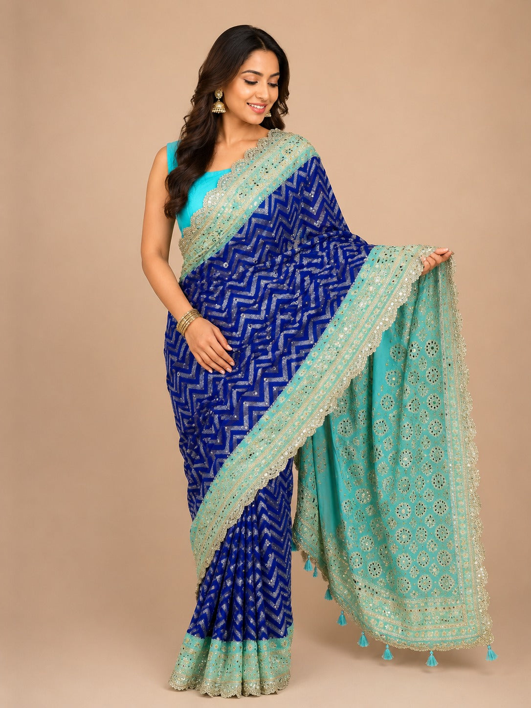 Exclusive Bridal Katan Georgette Saree with Lace & Aari Work