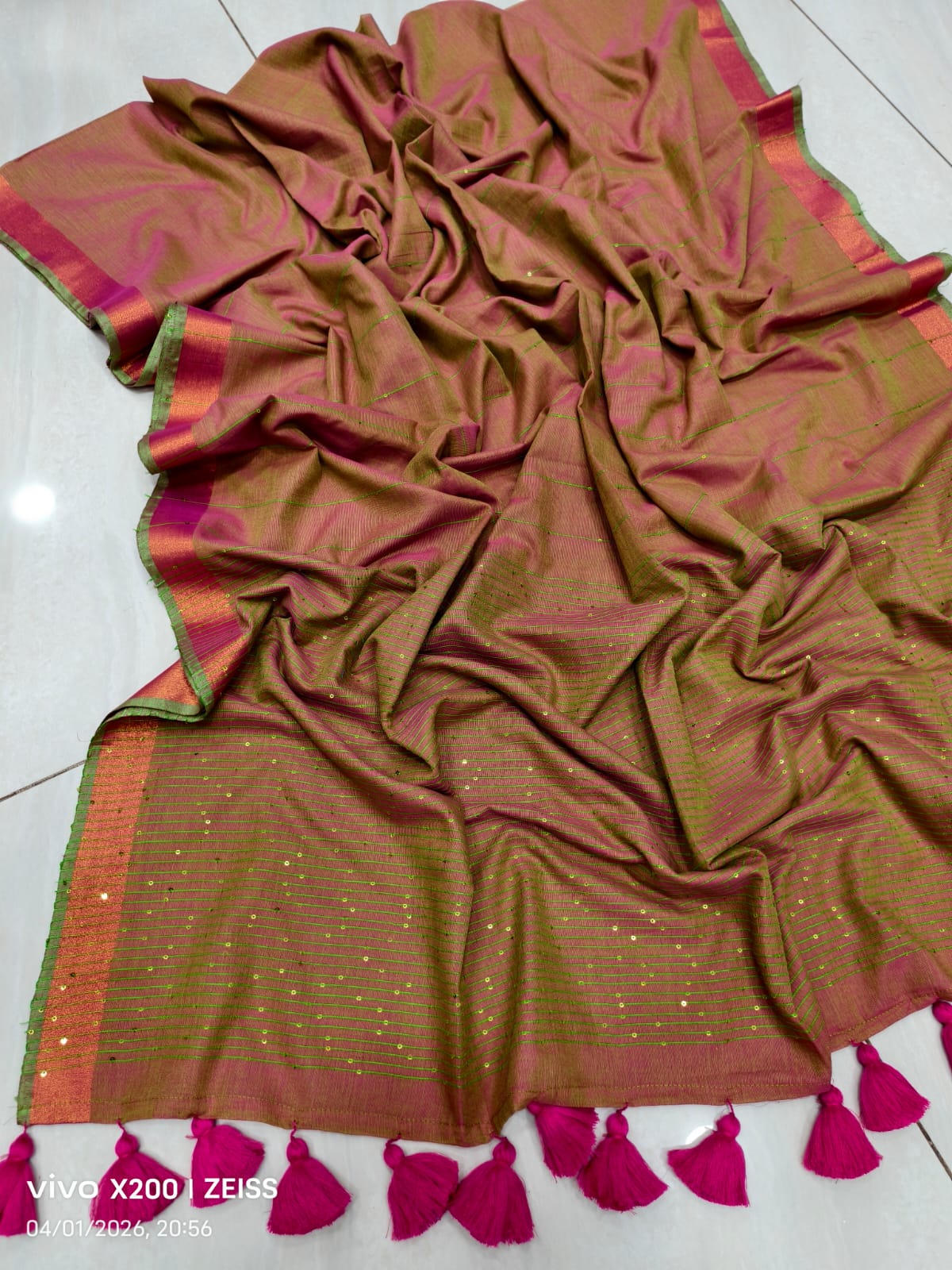 Handloom Sequins Cotton Saree with Zari Border
