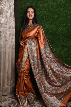 Tussar Ghicha Silk Saree with Hand-Painted Madhubani