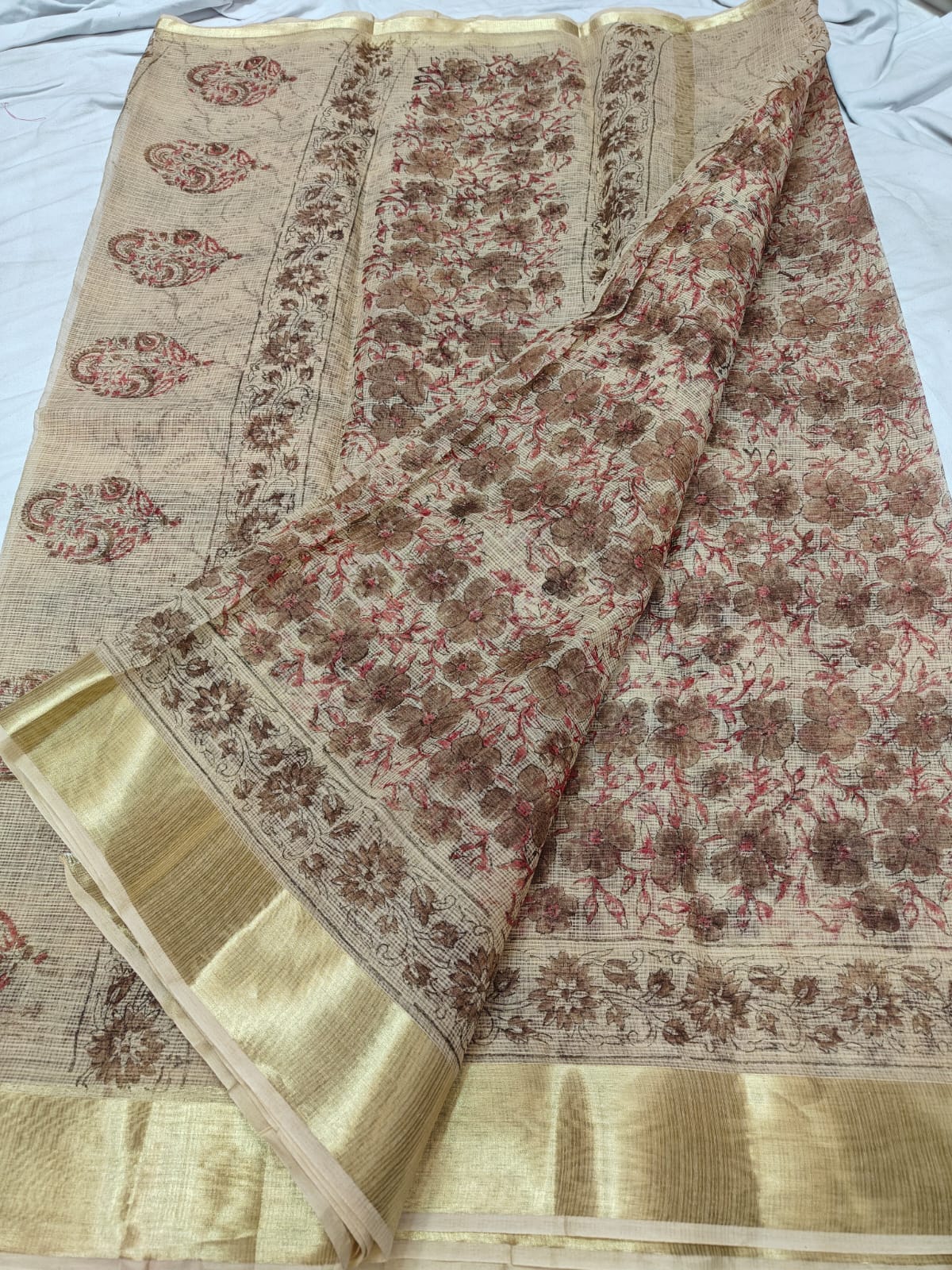 Kota Doria Pure Cotton Hand Dye with Hand Block Print Saree