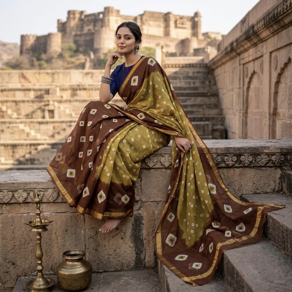 Pure Cotton Kota Doria Hand Shibori Bandhej Saree
