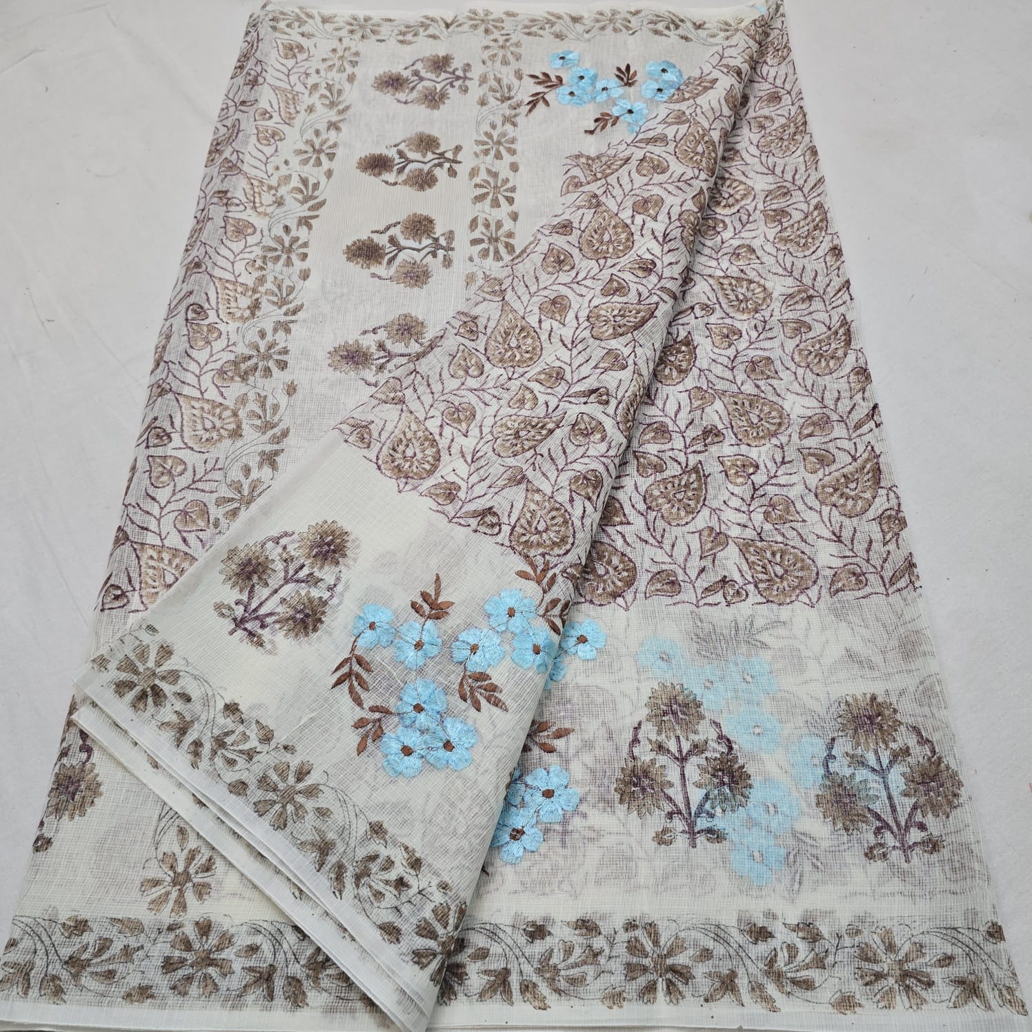 Kota Doria Embroidery Saree with Hand Block Print