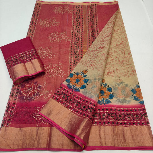 Kota Doria Pure Cotton Hand-Dyed Block Print Saree