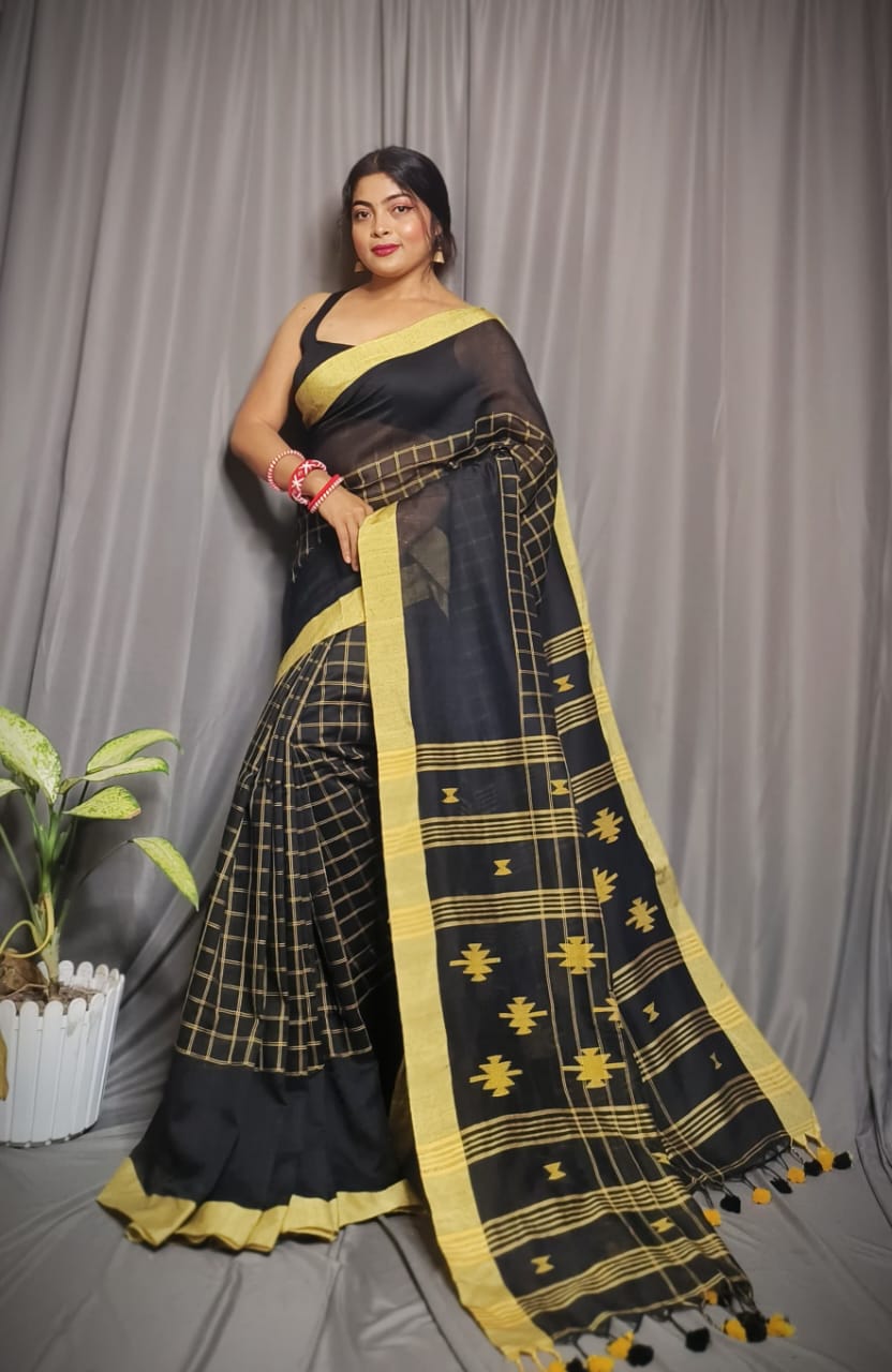 Premium Cotton Check Buti Saree
