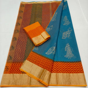 Kota Doria Pure Cotton Hand-Dyed Block Print Saree