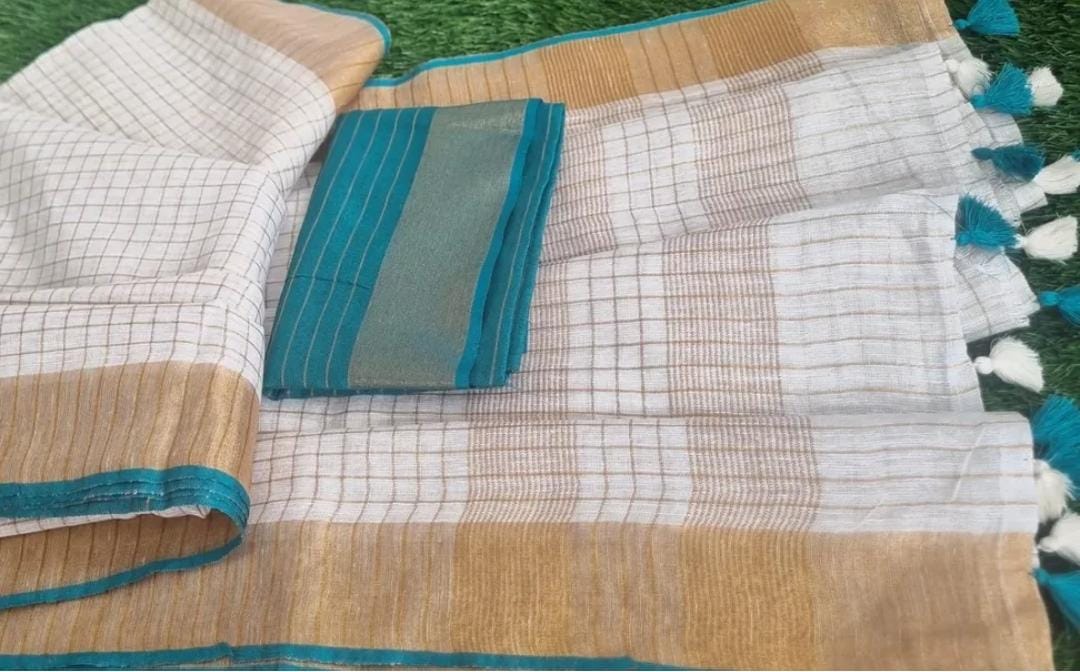 Linen by Linen Saree with Gold Zari Checks