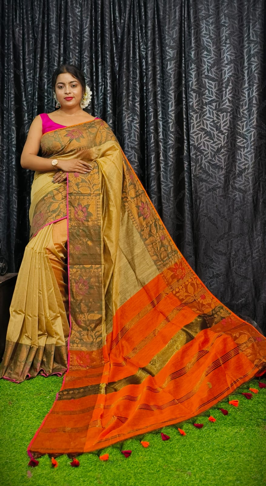 Handloom Copper Zari Meena Saree