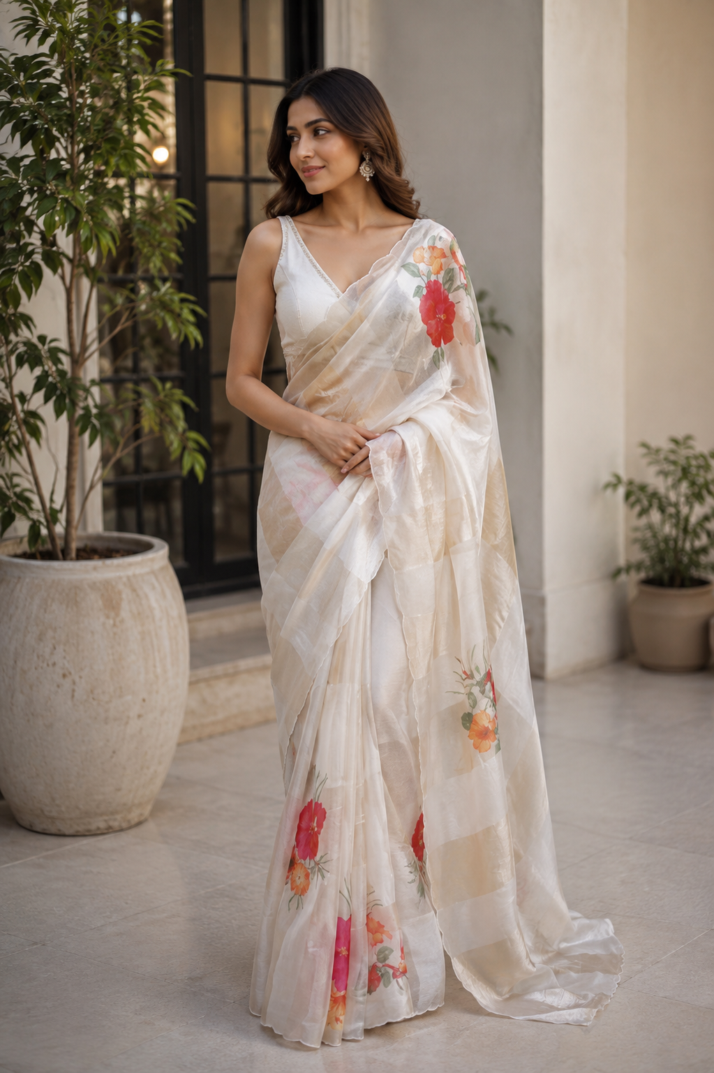 Tissue Crush & Organza Hand Brush Saree