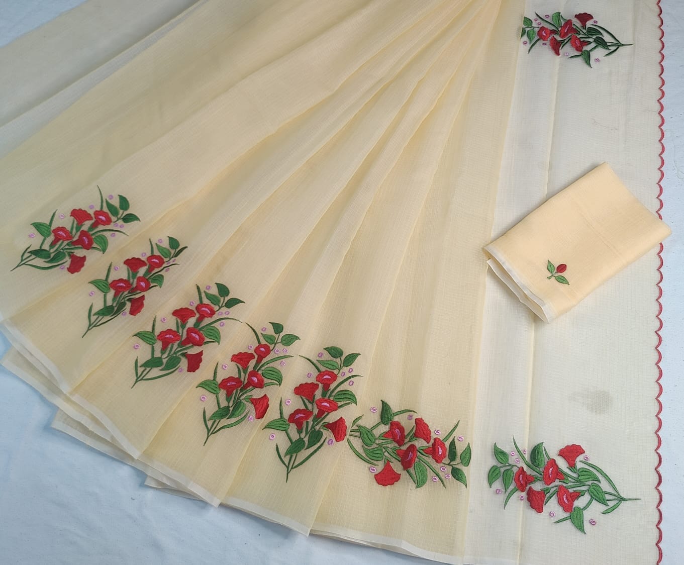 Kota Doria Saree with Hand Machine Embroidery Work