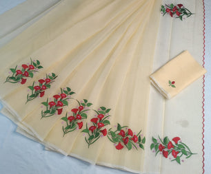 Kota Doria Saree with Hand Machine Embroidery Work