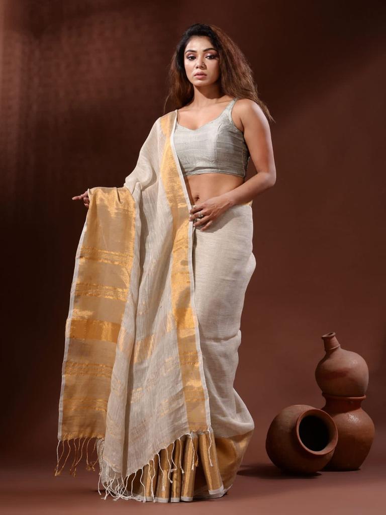 Linen Saree with Copper Zari Border