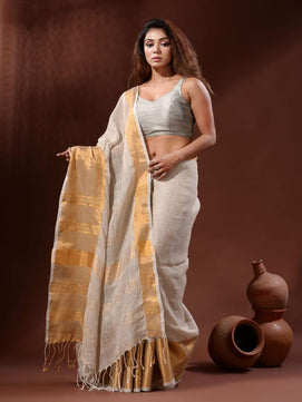 Linen Saree with Copper Zari Border