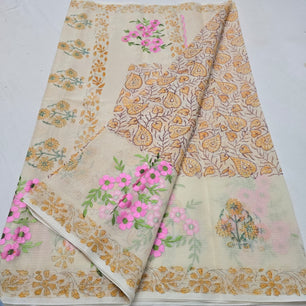 Kota Doria Embroidery Saree with Hand Block Print