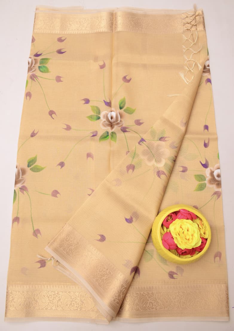 Kota Doria Semi Silk Hand Painted Saree