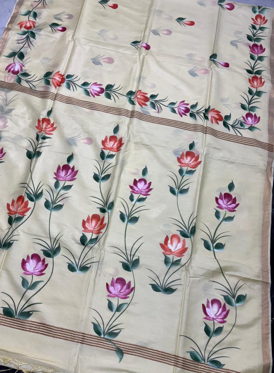 Katan Silk Saree with Hand Brush Painting